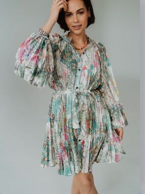 Beulah Style Exotic Print Mini Pleated Button Front Dress